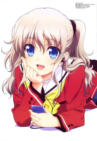 Anime picture 4091x5927 with charlotte megami magazine p.a. works tomori nao natsuzumi aiko single long hair tall image looking at viewer highres open mouth blue eyes simple background white background absurdres white hair official art girl uniform school uniform