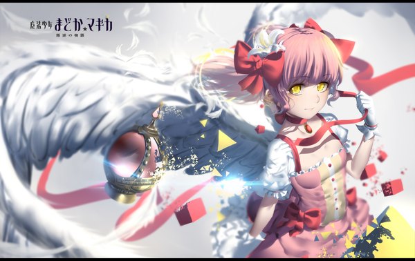 Anime picture 2312x1459 with mahou shoujo madoka magica shaft (studio) kaname madoka hk (hak) single looking at viewer highres short hair yellow eyes pink hair letterboxed girl dress bow hair bow wings