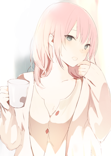 Anime picture 700x984 with original lpip single tall image looking at viewer blush fringe short hair open mouth blue eyes hair between eyes holding pink hair upper body sleeves past wrists girl buttons cardigan mug