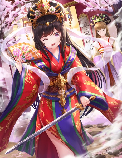 Anime picture 1297x1680 with original lunacle long hair tall image looking at viewer fringe open mouth black hair brown hair purple eyes multiple girls holding outdoors blunt bangs eyes closed traditional clothes japanese clothes one eye closed wide sleeves girl