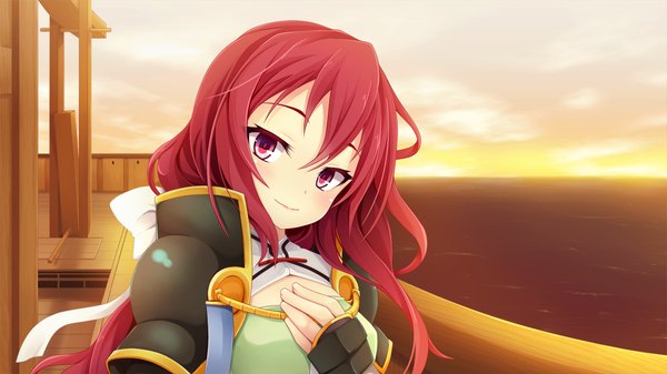 Anime picture 1280x720 with sengoku hime 5 long hair looking at viewer blush smile red eyes wide image game cg cloud (clouds) red hair evening sunset girl sea armor watercraft ship