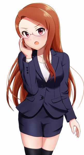 Anime picture 1000x1845 with idolmaster minase iori runmo77 single long hair tall image looking at viewer blush open mouth simple background brown hair standing white background payot pink eyes arm up adjusting glasses bespectacled girl thighhighs