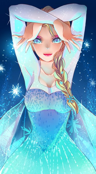 Anime picture 1000x1800 with frozen (disney) disney elsa (frozen) single tall image looking at viewer breasts blonde hair smile braid (braids) lips arms up single braid makeup girl dress hair ornament snowflake (snowflakes) shawl snowflake hair ornament