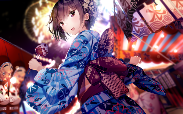 Anime picture 1920x1200 with original atha (leejuiping) single looking at viewer blush fringe highres short hair open mouth hair between eyes brown hair standing purple eyes holding traditional clothes japanese clothes looking back wide sleeves dutch angle floral print