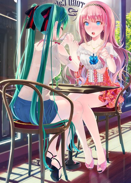 Anime picture 1200x1680 with vocaloid hatsune miku megurine luka okingjo long hair tall image blush open mouth blue eyes sitting twintails multiple girls pink hair aqua hair shoujo ai girl dress ribbon (ribbons) 2 girls hair ribbon