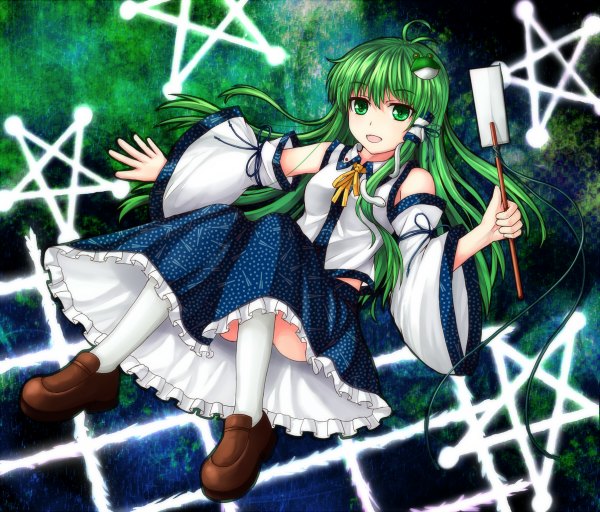Anime picture 1200x1024 with touhou kochiya sanae take5321 single long hair open mouth bare shoulders green eyes ahoge green hair girl thighhighs skirt hair ornament detached sleeves miniskirt white thighhighs shoes hair tubes gohei