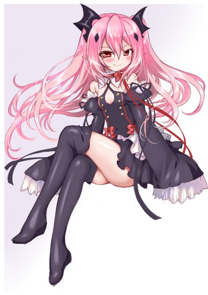 Anime picture 1006x1422 with owari no seraph wit studio kururu tepes little-kiwi single long hair tall image looking at viewer blush fringe light erotic simple background smile hair between eyes red eyes sitting bare shoulders pink hair full body pointy ears
