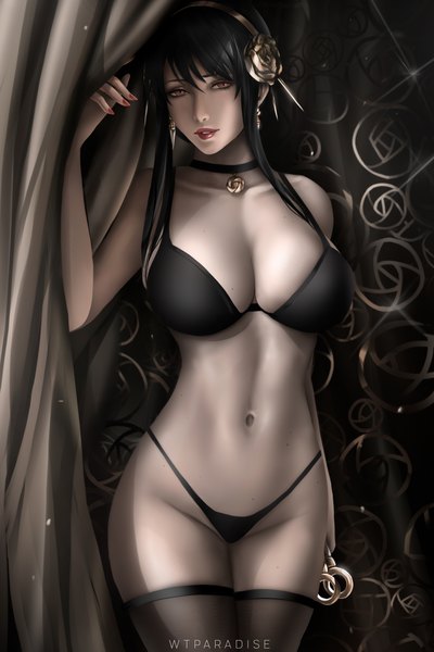Anime picture 3360x5040 with spy x family yor briar wtparadiseart single long hair tall image looking at viewer fringe highres breasts light erotic black hair hair between eyes red eyes large breasts standing holding signed payot absurdres