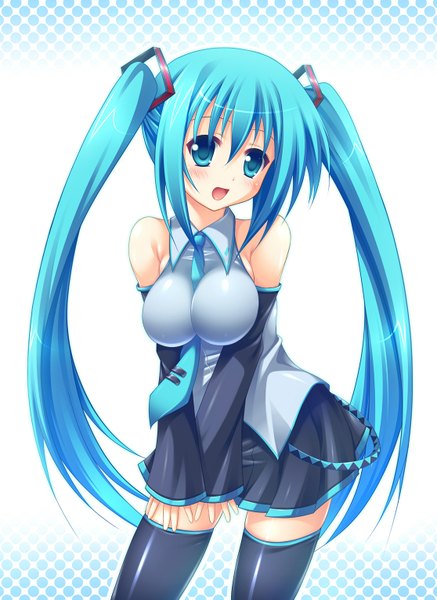 Anime picture 1115x1531 with vocaloid hatsune miku miu (c blue) single tall image blush open mouth light erotic twintails very long hair aqua eyes aqua hair girl thighhighs skirt black thighhighs detached sleeves miniskirt necktie