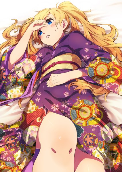 Anime picture 848x1200 with idolmaster idolmaster million live! emily stewart narumi arata single long hair tall image blush blue eyes blonde hair twintails bent knee (knees) lying traditional clothes japanese clothes bare legs embarrassed floral print girl kimono