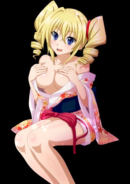 Anime picture 1200x1694 with highschool dxd ravel phenex single long hair tall image looking at viewer blush fringe breasts open mouth blue eyes light erotic simple background blonde hair hair between eyes large breasts sitting twintails bare shoulders payot