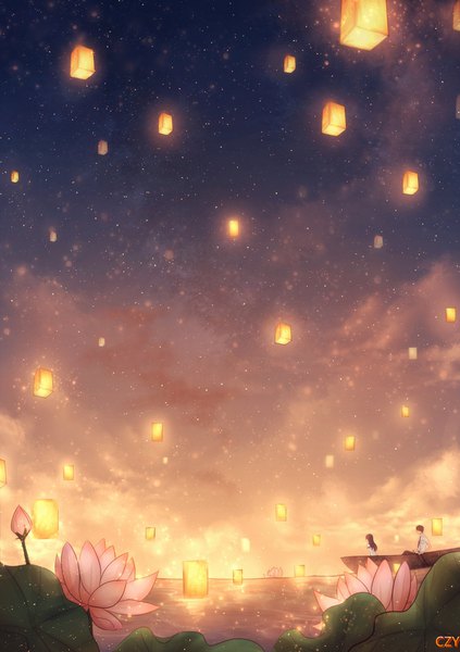 Anime picture 1260x1788 with original czy long hair tall image short hair sitting signed cloud (clouds) profile night night sky couple glow dark hair girl boy uniform flower (flowers) school uniform water
