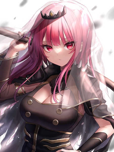 Anime picture 2048x2732 with virtual youtuber hololive hololive english mori calliope mori calliope (1st costume) waramori fuzuka single long hair tall image looking at viewer fringe highres breasts large breasts pink hair cleavage upper body pink eyes girl tiara