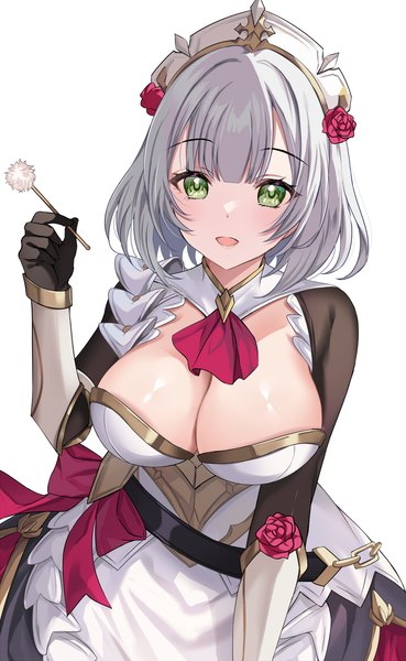 Anime picture 900x1463 with genshin impact noelle (genshin impact) harimoji single tall image looking at viewer short hair breasts open mouth light erotic simple background large breasts white background green eyes cleavage silver hair :d girl gloves black gloves