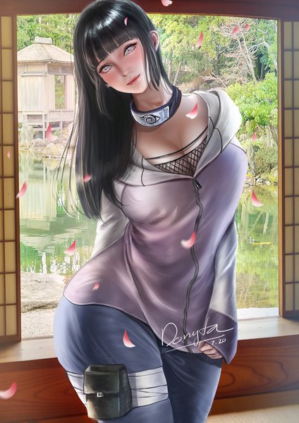 Anime picture 848x1200 with naruto studio pierrot naruto (series) hyuuga hinata donyta single long hair tall image looking at viewer fringe black hair standing signed indoors blunt bangs head tilt realistic dated arm behind back silver eyes
