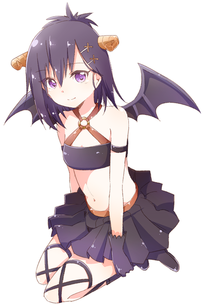 Anime picture 1221x1832 with gabriel dropout doga kobo tsukinose vignette april bafarin single tall image looking at viewer fringe short hair light erotic black hair simple background hair between eyes white background sitting purple eyes bare shoulders full body pleated skirt horn (horns)