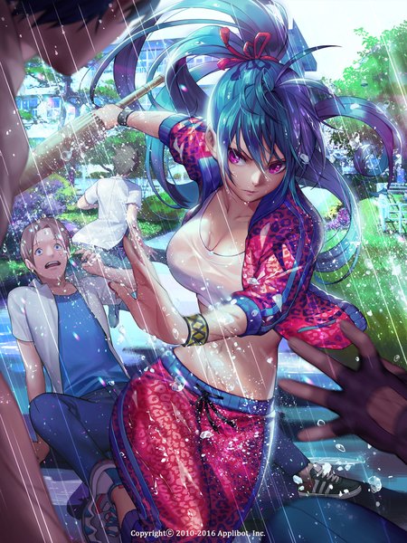 Anime picture 1500x2000 with furyou michi ~gang road~ soo kyung oh long hair tall image fringe short hair breasts open mouth brown hair large breasts holding cleavage ahoge bent knee (knees) outdoors ponytail pink eyes lips aqua hair bare belly