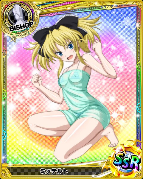 Anime picture 640x800 with highschool dxd mittelt single tall image short hair breasts open mouth blue eyes light erotic blonde hair card (medium) girl bow swimsuit hair bow bikini towel