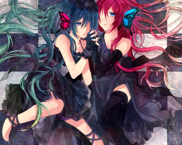 Anime picture 1280x1024 with vocaloid magnet (vocaloid) hatsune miku megurine luka bshi edayo long hair fringe blue eyes multiple girls red hair nail polish green hair hair over one eye checkered background girl thighhighs dress black thighhighs 2 girls hat