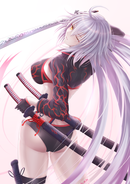 Anime picture 2480x3507 with fate (series) fate/grand order jeanne d'arc (fate) (all) jeanne d'arc alter (fate) jeanne d'arc alter (swimsuit berserker) (fate) penguintake single tall image looking at viewer blush fringe highres breasts light erotic simple background hair between eyes large breasts standing white background holding