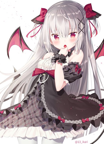 Anime picture 1092x1500 with original ikari (aor3507) single long hair tall image looking at viewer blush fringe simple background hair between eyes red eyes white background bare shoulders signed silver hair :o two side up twitter username hand to mouth demon wings