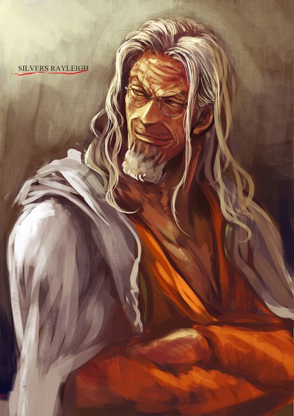 Anime picture 1013x1433 with one piece toei animation silvers rayleigh tsuyomaru single tall image short hair smile brown eyes white hair scar crossed arms boy glasses beard