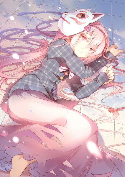Anime picture 750x1061 with touhou hata no kokoro yetworldview kaze single long hair tall image looking at viewer fringe pink hair lying very long hair pink eyes barefoot on side mask on head girl ribbon (ribbons) bow petals bowtie
