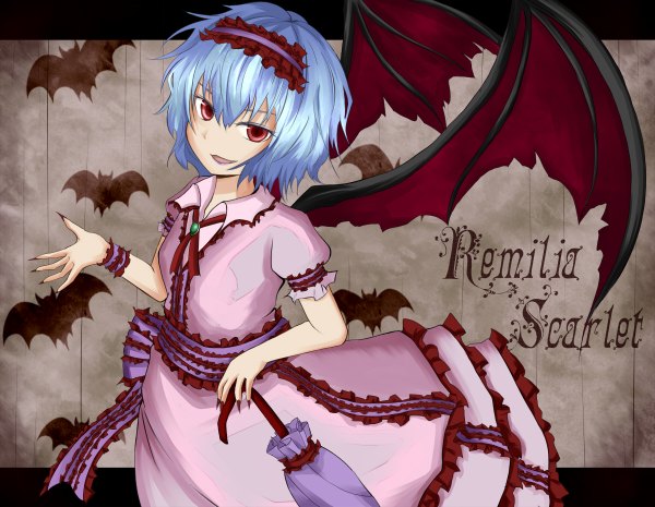 Anime picture 1200x930 with touhou remilia scarlet shiromamekei (artist) single short hair smile red eyes blue hair fingernails teeth fang (fangs) long fingernails girl dress wings frills hairband umbrella bat