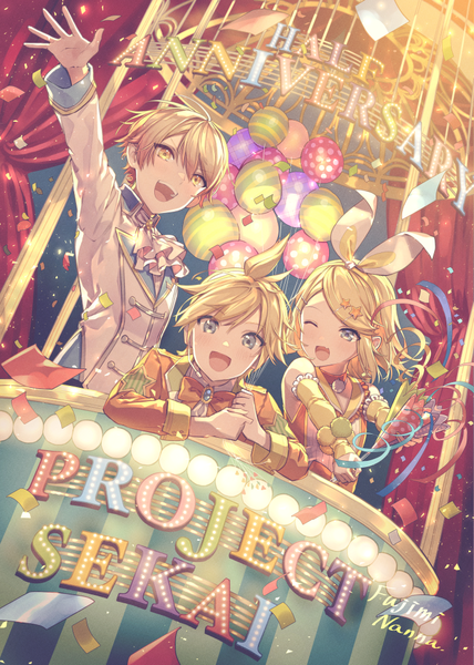 Anime picture 713x1000 with project sekai vocaloid kagamine rin kagamine len tenma tsukasa 778-go tall image looking at viewer short hair open mouth blue eyes blonde hair yellow eyes :d multiple boys ;d siblings twins anniversary girl
