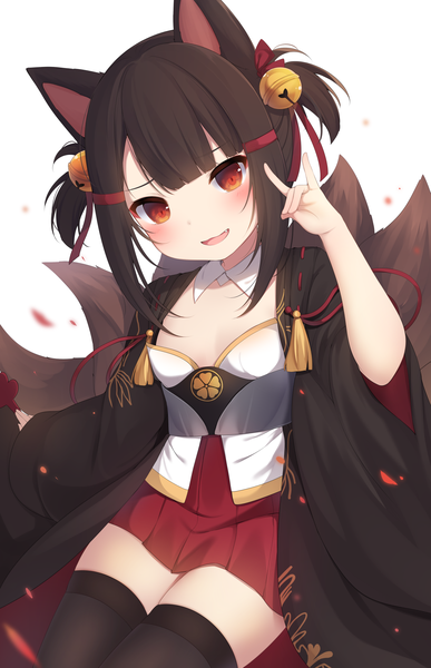 Anime picture 1200x1858 with azur lane akagi-chan (azur lane) nachi single tall image looking at viewer blush fringe short hair open mouth light erotic simple background smile red eyes brown hair white background sitting animal ears payot tail