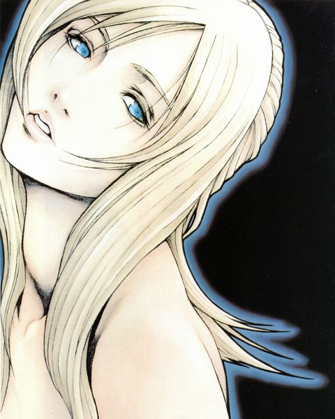 Anime picture 1600x2000 with parasite eve (game) aya brea nomura tetsuya single long hair tall image looking at viewer highres open mouth blue eyes blonde hair bare shoulders head tilt lips scan official art black background face girl