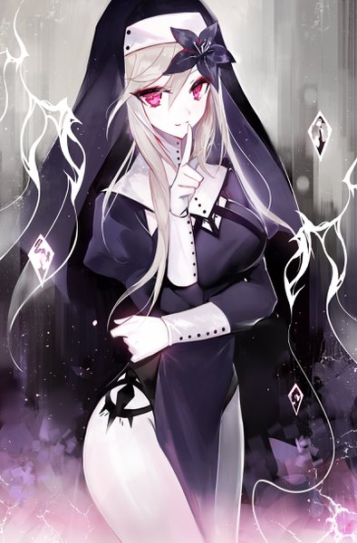 Anime picture 1600x2433 with original juexing (moemoe3345) single long hair tall image looking at viewer fringe breasts light erotic smile hair between eyes standing silver hair long sleeves parted lips pink eyes hair flower tattoo puffy sleeves thighs