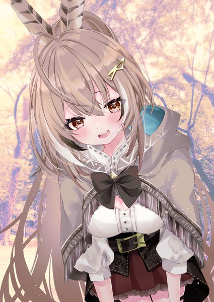 Anime picture 800x1130 with virtual youtuber hololive hololive english nanashi mumei nanashi mumei (1st costume) moizumi shipon single long hair tall image blush fringe open mouth hair between eyes brown hair brown eyes ahoge ponytail :d leaning leaning forward