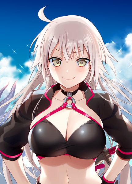 Anime picture 863x1200 with fate (series) fate/grand order jeanne d'arc (fate) (all) jeanne d'arc alter (fate) jeanne d'arc alter (swimsuit berserker) (fate) murakami yuichi single long hair tall image looking at viewer blush fringe breasts light erotic smile hair between eyes large breasts yellow eyes payot sky