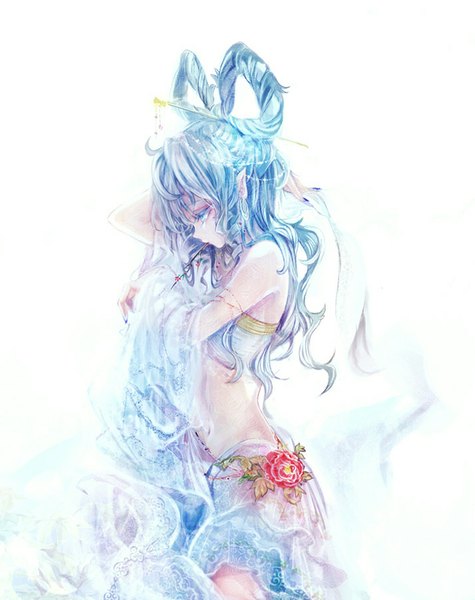Anime picture 714x902 with touhou kaku seiga cis (carcharias) single long hair tall image fringe blue eyes simple background white background bare shoulders holding blue hair nail polish profile pointy ears alternate costume mouth hold looking down arm behind head