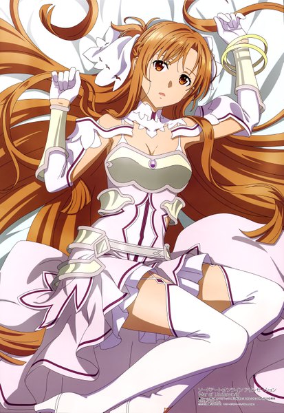 Anime picture 4089x5930 with sword art online a-1 pictures megami magazine yuuki asuna tagme (artist) single long hair tall image looking at viewer fringe highres breasts open mouth brown hair brown eyes absurdres bent knee (knees) lying braid (braids) head tilt