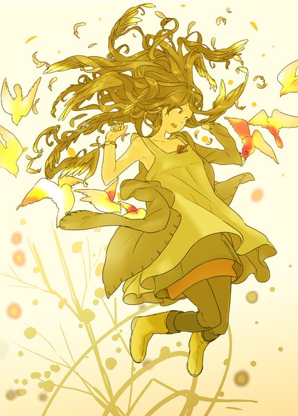 Anime picture 1420x1980 with miyama fugin long hair tall image simple background brown hair wind flying girl dress plant (plants) animal wings tree (trees) bracelet bird (birds)