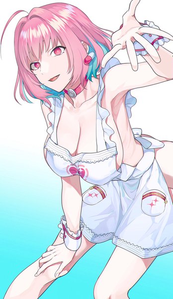 Anime picture 1187x2045 with idolmaster idolmaster cinderella girls yumemi riamu wakahiko single tall image short hair breasts light erotic simple background large breasts pink hair cleavage ahoge pink eyes multicolored hair arm up two-tone hair leaning leaning forward