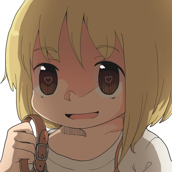 Anime picture 1280x1280 with original koko (yutturi) yutturi single looking at viewer short hair open mouth blonde hair smile inscription symbol-shaped pupils close-up shaded face transparent background heart-shaped pupils girl collar