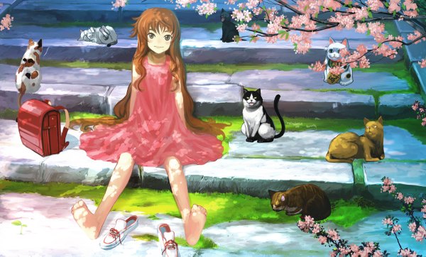 Anime picture 1200x725 with original hirokiku single long hair wide image sitting outdoors barefoot cherry blossoms soles girl plant (plants) shoes cat bag grass sundress toes backpack randoseru