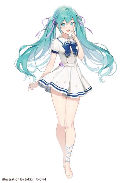 Anime picture 1190x1684 with vocaloid hatsune miku tokki single long hair tall image looking at viewer blush fringe open mouth simple background smile hair between eyes standing white background twintails signed full body ahoge braid (braids)