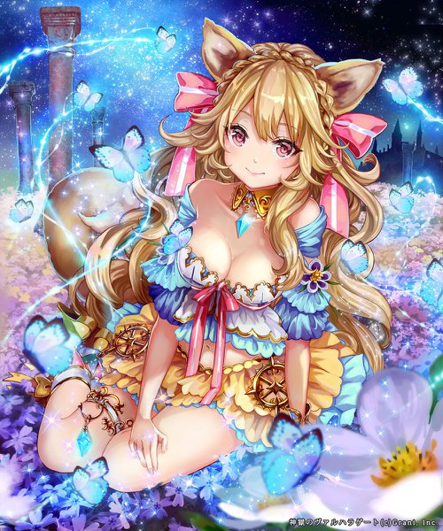 Anime picture 1000x1200 with shingoku no valhalla gate pisuke single long hair tall image looking at viewer blush fringe breasts light erotic blonde hair smile hair between eyes sitting animal ears cleavage tail braid (braids) animal tail pink eyes