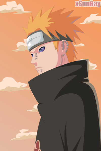 Anime picture 1000x1502 with naruto studio pierrot naruto (series) pain (naruto) deva path xsunray single tall image short hair purple eyes sky cloud (clouds) orange hair piercing coloring akatsuki rinnegan boy cloak bandana