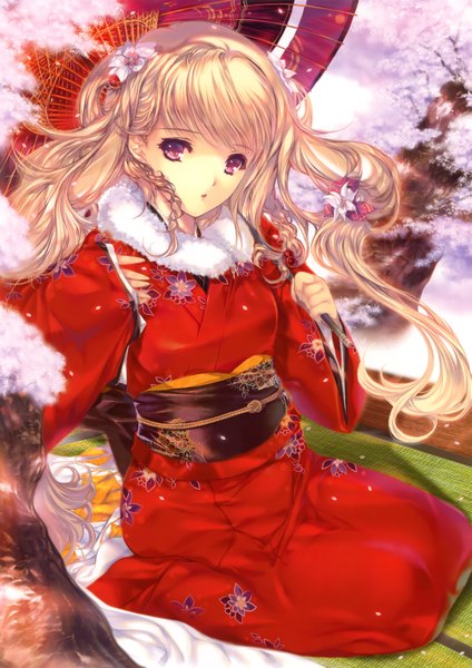 Anime picture 3253x4601 with original eshi 100-nin ten min-naraken single long hair tall image looking at viewer highres blonde hair red eyes absurdres traditional clothes japanese clothes cherry blossoms girl hair ornament plant (plants) tree (trees) kimono umbrella