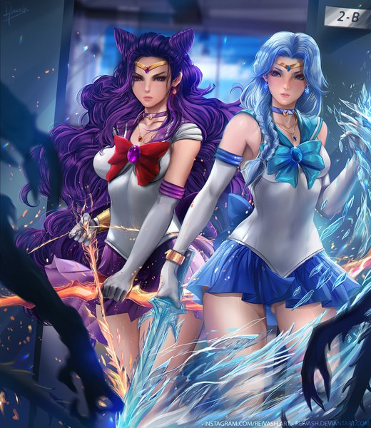 Anime picture 1600x1845 with bishoujo senshi sailor moon toei animation koan (sailor moon) beruche (sailor moon) javier estrada long hair tall image blue eyes light erotic standing purple eyes multiple girls holding signed blue hair purple hair indoors braid (braids) pleated skirt realistic