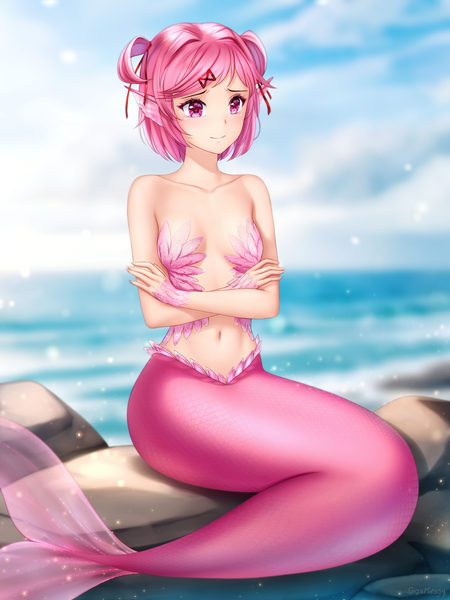 Anime picture 750x1000 with doki doki literature club natsuki (doki doki literature club) gigamessy single tall image blush fringe short hair breasts light erotic sitting bare shoulders signed looking away pink hair sky cloud (clouds) full body outdoors pink eyes