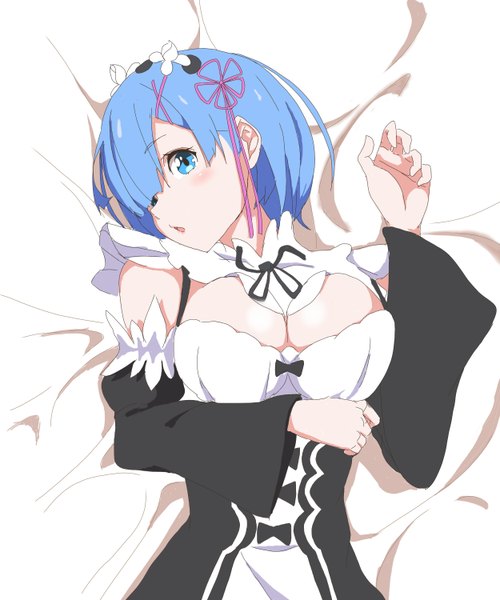 Anime picture 2500x3000 with re:zero kara hajimeru isekai seikatsu white fox rem (re:zero) hashimoto (frog flag) single tall image looking at viewer blush fringe highres short hair breasts open mouth blue eyes light erotic blue hair cleavage upper body lying from above
