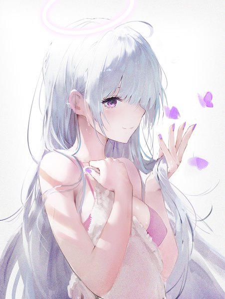 Anime picture 1292x1720 with original iori (cpeilad) single long hair tall image blush fringe breasts light erotic simple background smile large breasts standing purple eyes holding payot looking away silver hair upper body ahoge