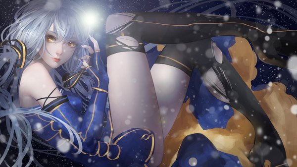 Anime picture 1901x1068 with vocaloid xingchen g q single long hair fringe highres hair between eyes wide image brown eyes looking away silver hair bent knee (knees) nail polish light smile lips realistic no shoes lipstick thighs