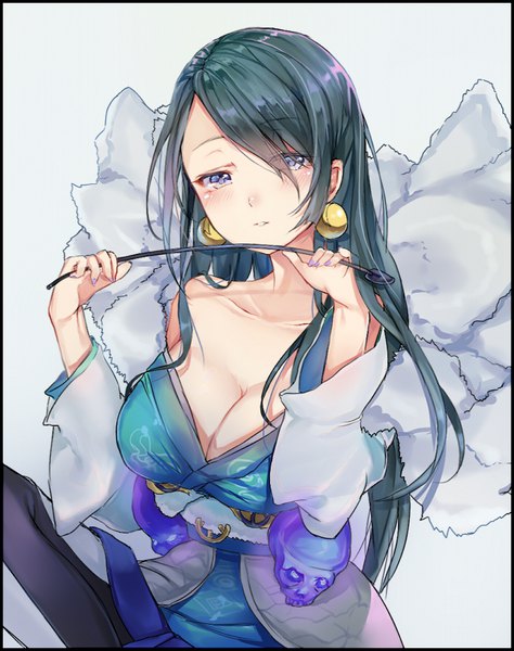 Anime picture 704x890 with sinoalice kaguya hime (sinoalice) takitou single long hair tall image looking at viewer blush fringe breasts light erotic simple background large breasts purple eyes cleavage nail polish traditional clothes fingernails green hair from above